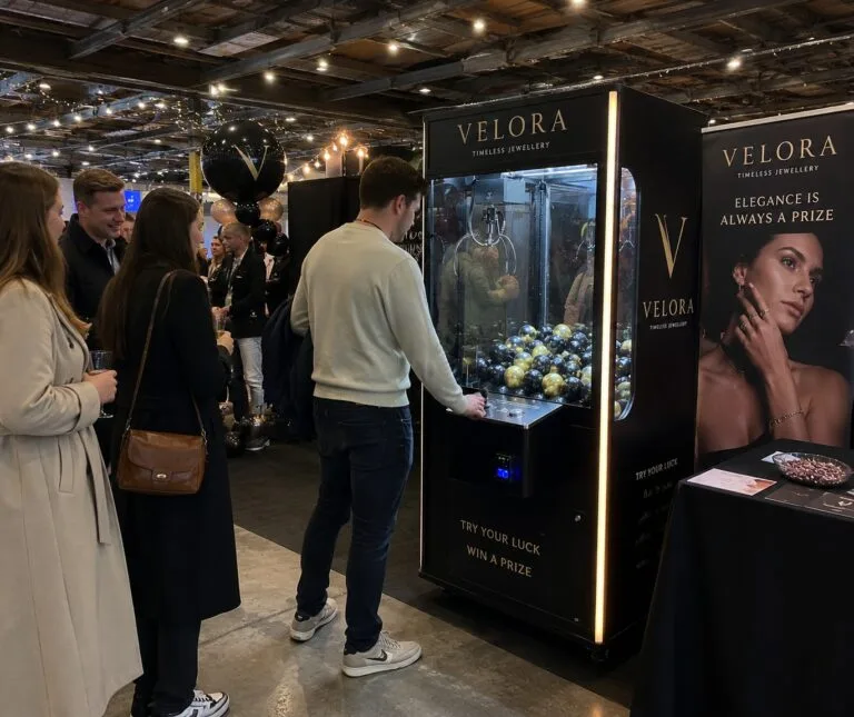 Grijpmachine huren voor een beurs met een zwart gouden branded claw machine