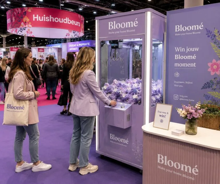 Grijpmachine huren voor de Huishoudbeurs in lila huisstijl van Bloomé